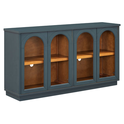 TREXM 4-Door Large Storage Buffet Cabinet with Glass Doors, Arched Cabinet with Adjustable Shelves - Navy