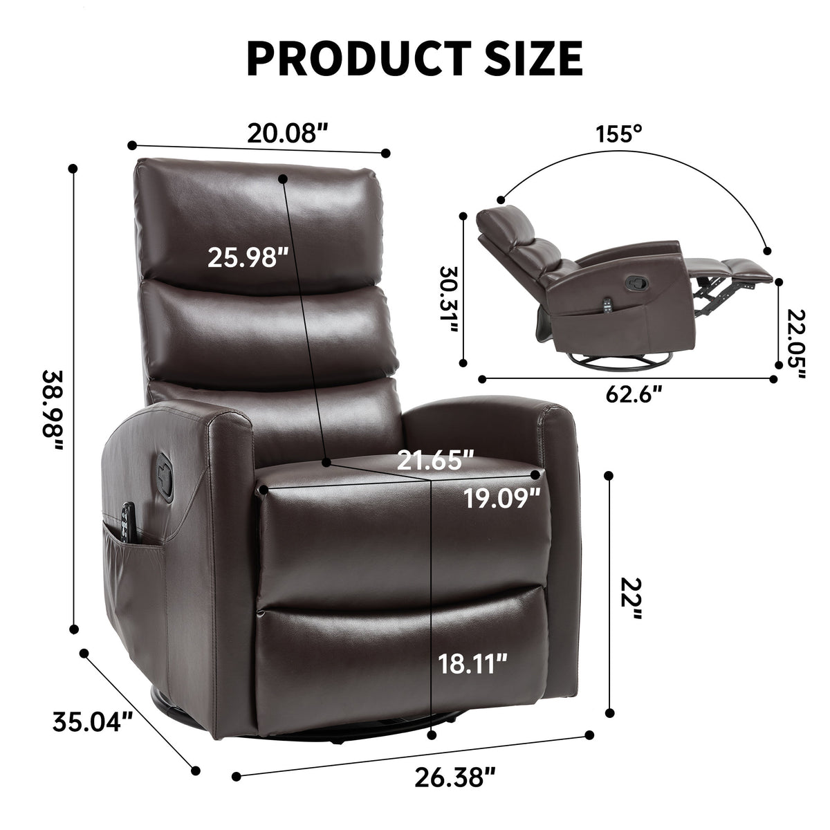 Heat Massage Manual Recliner Chair with Rocker and Swivel in Fabric, Brown