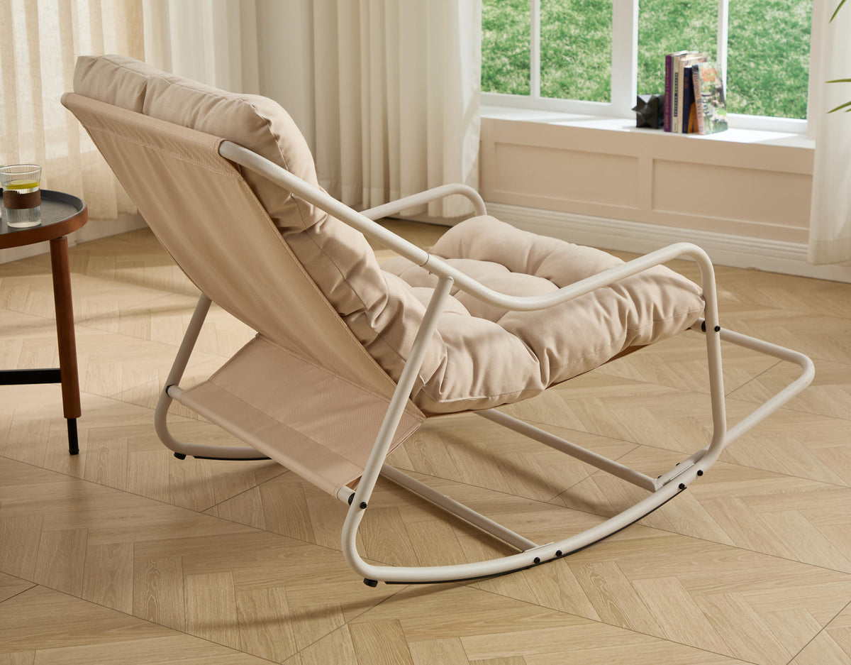 Outdoor Rocking Chair, Comfy Cushion, with Soft Thick Cushion,for Living Room, Bedroom, Reading Room, Beige Frame with Beige Cushion
