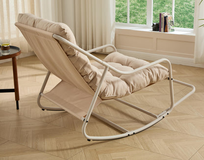 Outdoor Rocking Chair, Comfy Cushion, with Soft Thick Cushion,for Living Room, Bedroom, Reading Room, Beige Frame with Beige Cushion