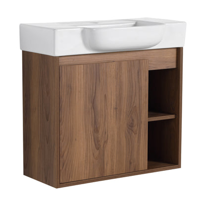 24'' Wall-Mounted Bathroom Vanity with White Ceramic Sink & Soft-Close Door in Brown Ebony Finish, Made of Scratch & Water-Resistant Melamine Plywood