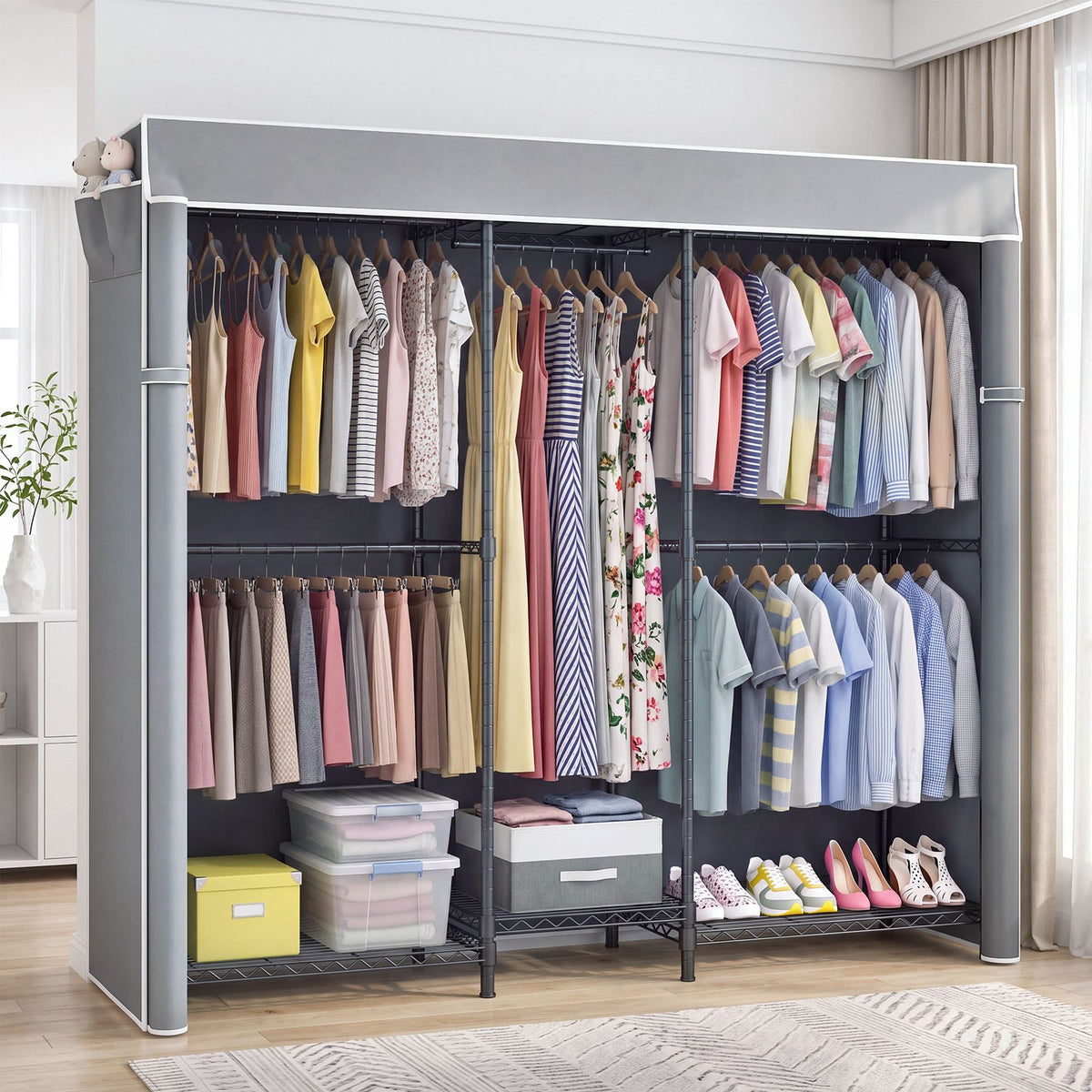 Heavy Duty Closet Organizer System, Freestanding Clothing Rack with Shelves, Adjustable Garment Rack with Grey Cover & Side Pocket, Portable Closets for Hanging Clothes, 72.8''×17.7''D×76.77''H, Black