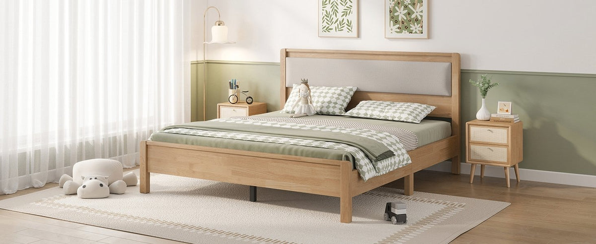 Queen Size, Solid Rubber Wooden Bed with Upholstered Headboard, Reinforced by Central Support Legs,Natural