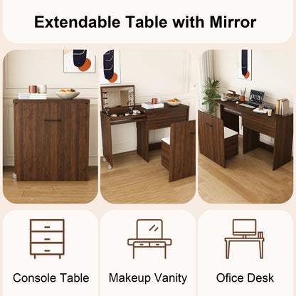 Multi-functional stretching desk, 47-inch foldable desk, makeup table with mirror, has 3 usage modes, equipped with storage function stool, suitable for bedroom, apartment (Walnut)