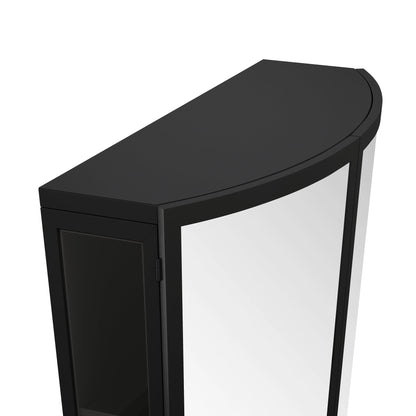 Modern Arched Glass Double-Door Wardrobe with Shatterproof Mirror, Double-Layer Storage, Open Shelf & Towel Rack in Black Iron Frame, 23.62'L x 8.85'W x 31.5'H
