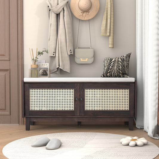 TREXM Boho Rattan Entryway Bench with Storage, Cushioned Shoe Bench with Double Doors, Wooden Shoe Organizer Bench for Entryway and Hallway (Espresso+Beige )