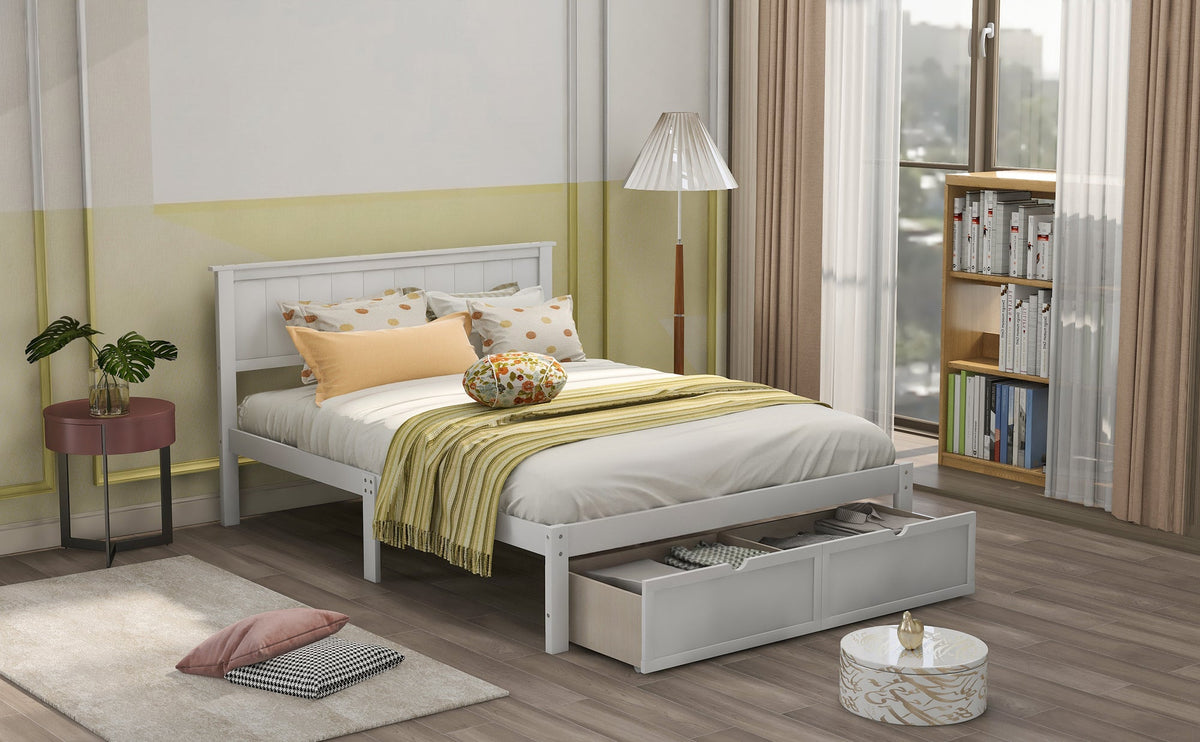 White Full Size Platform Bed with Under-bed Drawers, Solid Pine Wood and MDF, 78.3''L x 58.5''W x 36.2''H