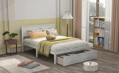 White Full Size Platform Bed with Under-bed Drawers, Solid Pine Wood and MDF, 78.3''L x 58.5''W x 36.2''H