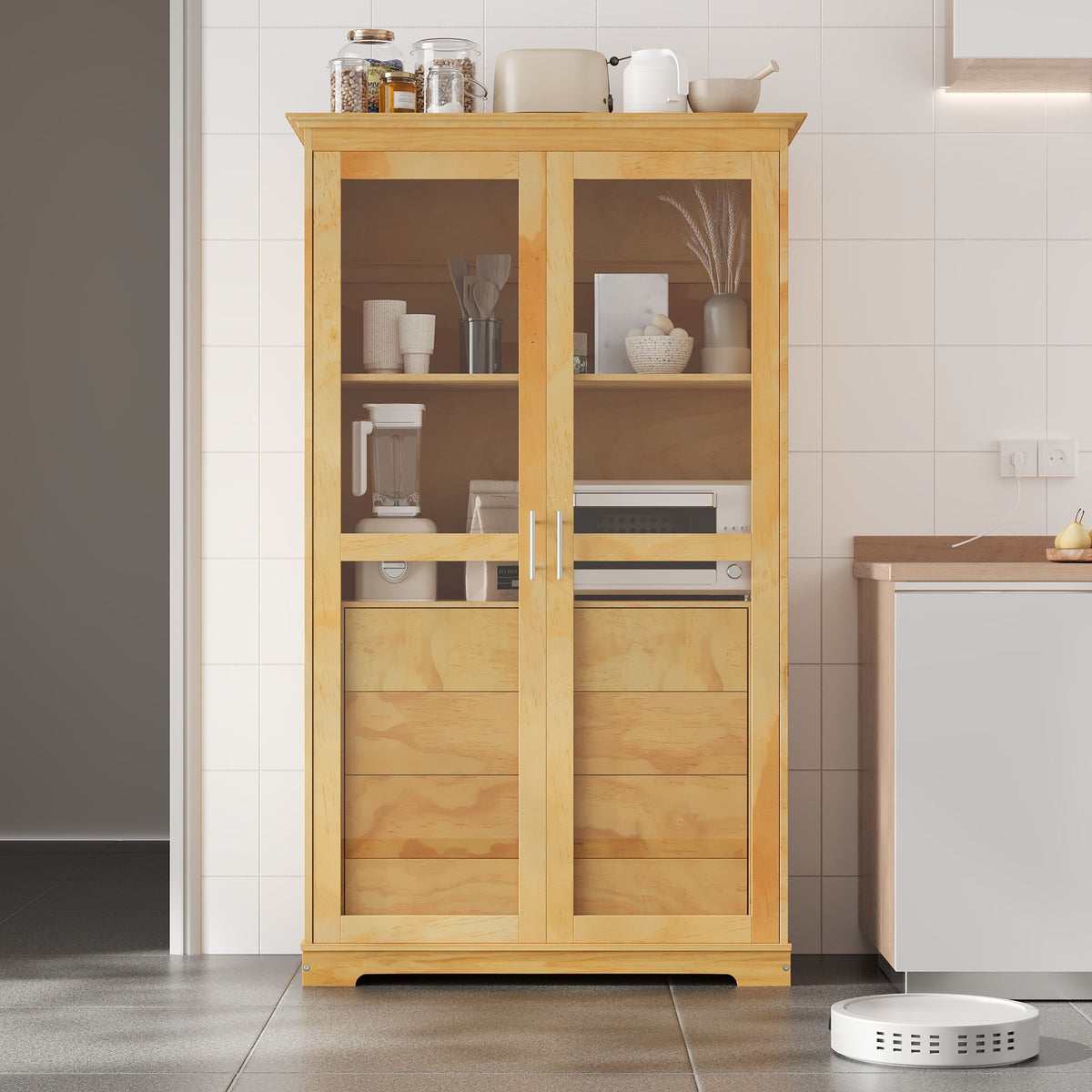 TOPMAX 44.7x20x75inch Kitchen Pantry, Freestanding Kitchen Storage Cabinet Display Cabinet with Glass Doors and 4 Built-in Drawers, Natural