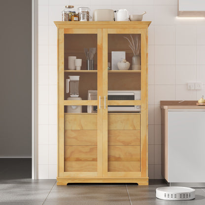 TOPMAX 44.7x20x75inch Kitchen Pantry, Freestanding Kitchen Storage Cabinet Display Cabinet with Glass Doors and 4 Built-in Drawers, Natural