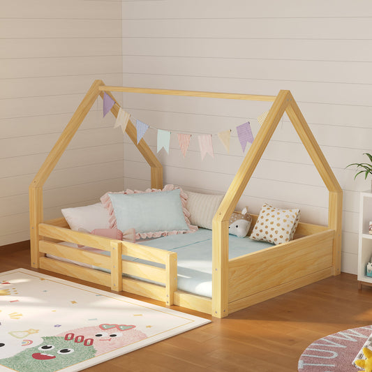 Full Size House Floor Wooden Bed with House Roof Frame, Fence Guardrails  & Grooved Panel Design, Natural (ETA:8.18)