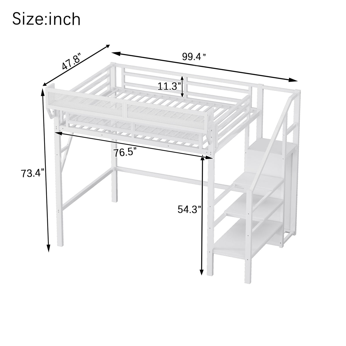 Twin XL Size Loft Bed with Stairs, Metal Full Loft Bed with Storage Shelves, High Loft Bed with Wardrobe for Kids Teens,White(Old Sku W2580S00050)