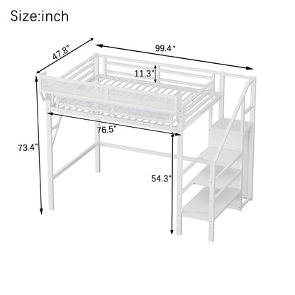 Twin XL Size Loft Bed with Stairs, Metal Full Loft Bed with Storage Shelves, High Loft Bed with Wardrobe for Kids Teens,White(Old Sku W2580S00050)