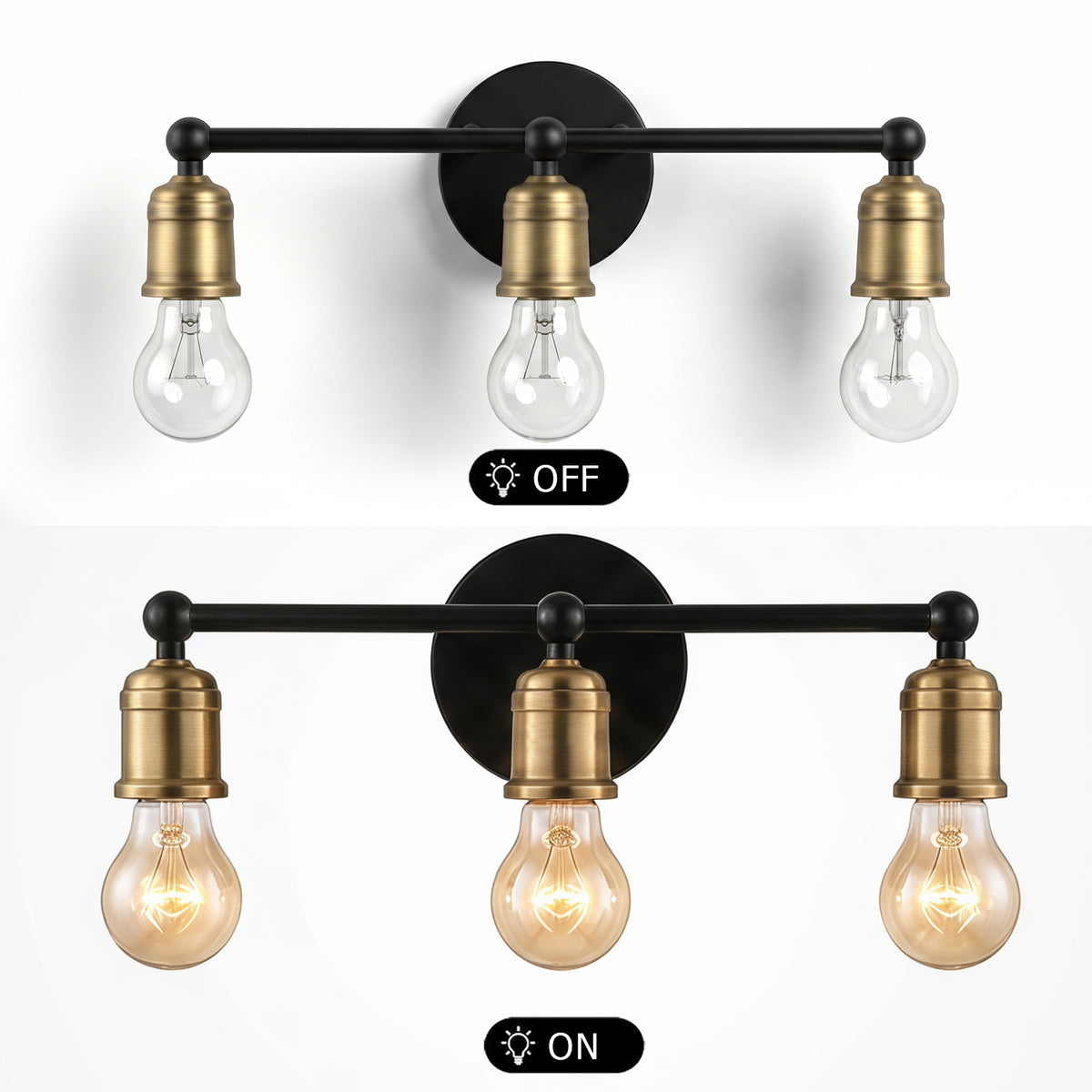 3-Light Black and Gold Industrial Farmhouse Wall Sconce, Metal Vanity Light for Bathroom, Bedroom, Hallway, No Bulbs Included
