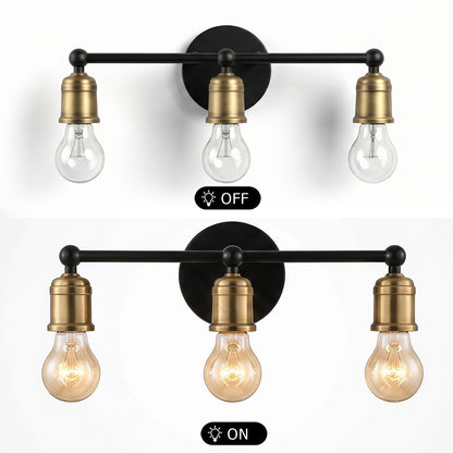 3-Light Black and Gold Industrial Farmhouse Wall Sconce, Metal Vanity Light for Bathroom, Bedroom, Hallway, No Bulbs Included
