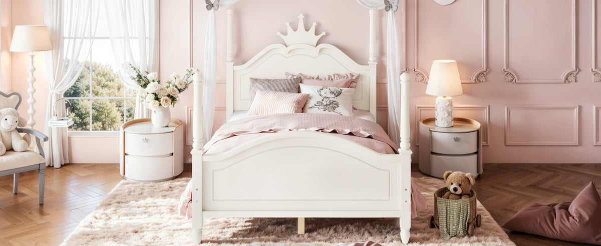 Full Size Crown Shaped Platform Bed, Four Poster Stylish Wooden Bed Frame, Elegant Curved Headboard Bed Frame For Bedroom,Beige