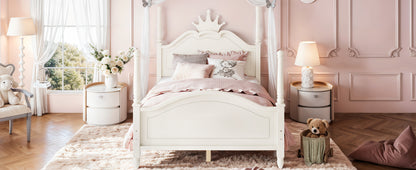 Full Size Crown Shaped Platform Bed, Four Poster Stylish Wooden Bed Frame, Elegant Curved Headboard Bed Frame For Bedroom,Beige