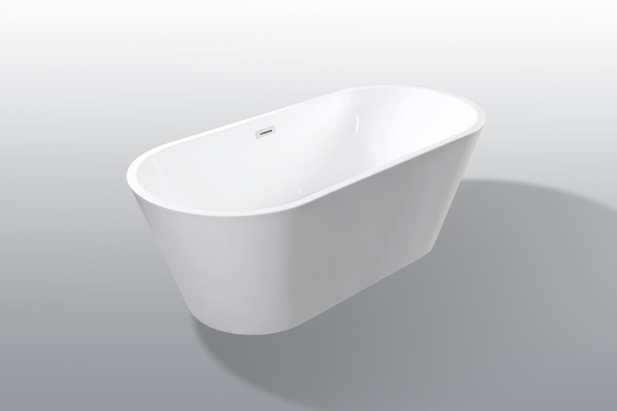 59" Acrylic Freestanding Bathtub, Stand Alone Soaking Tub, Glossy White Acrylic, Toe-tap Chrome Drain, cUPC Certified