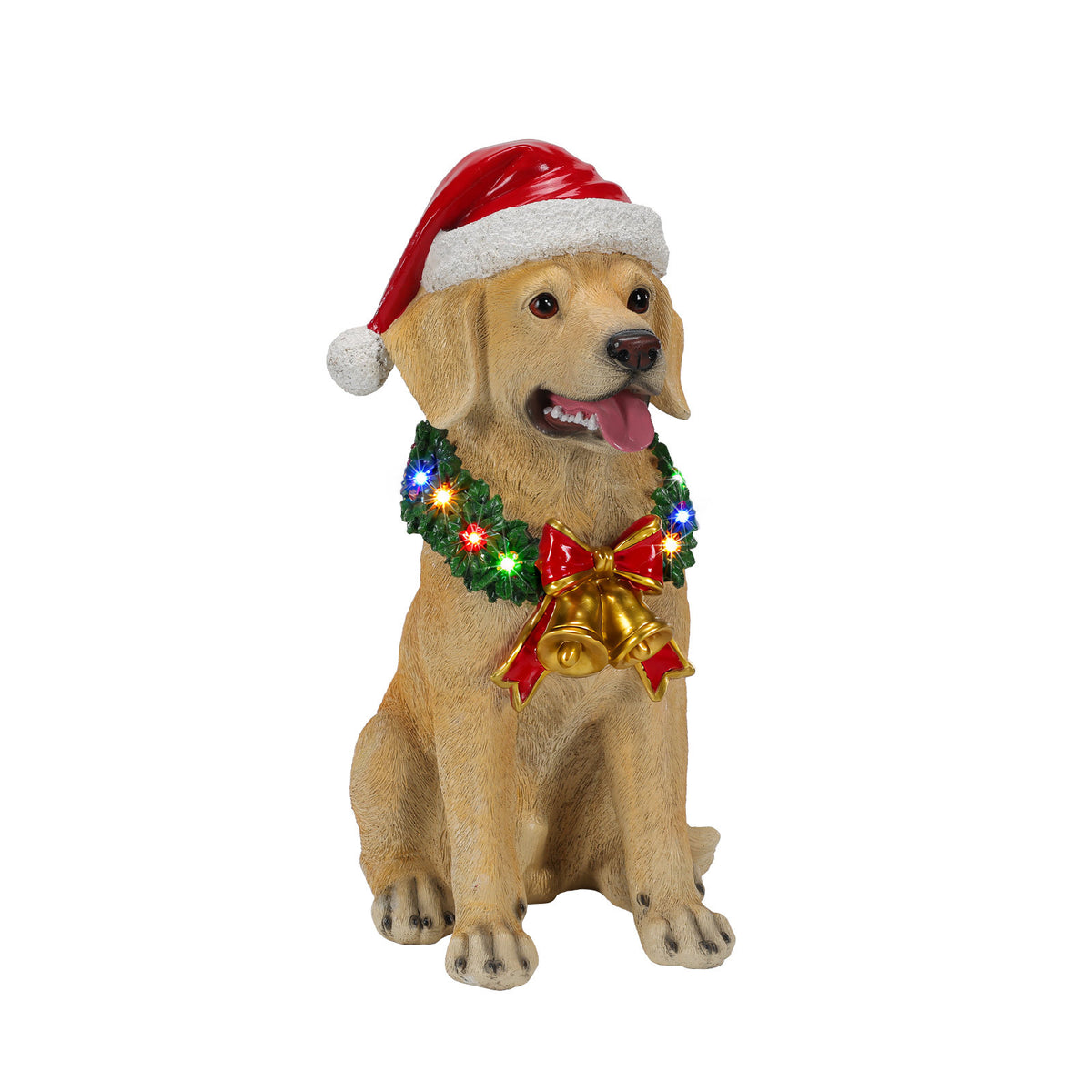 Lighted Christmas Labrador Retriever Dog Statue, Santa Hat Puppy Figurine with LED Wreath and Bells