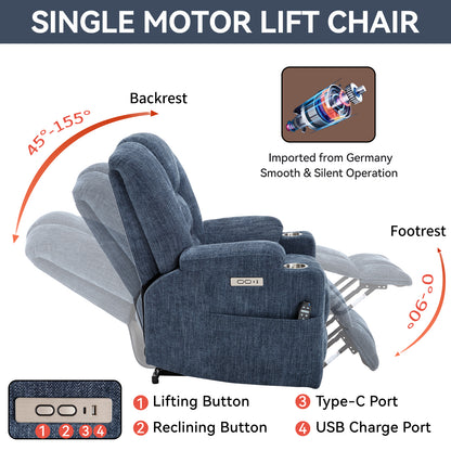 Power Lift Recliner Chair with Massage and Heat for Elderly, Overstuffed Wide Recliners, Heavy Duty Motion Mechanism with USB and Type C Ports, 2 Steel Cup Holders, Blue