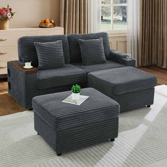 Double Chaise Lounge with Two Storage Ottomans,Corduroy Sofa with Cup Holders, USB Port,Storage Space and Bluetooth Speaker for Living room and Bedroom