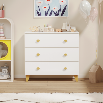 Kids Dresser with 3 Drawers, Wooden Cloud Handles & Pine Legs, MDF Chest of Drawers for Kids Room, Nursery Storage Cabinet, White