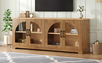 Farmhouse TV Stand with Semi-Arched Glass Doors for TVs Up to 70", Elegant Two-Tone Media Console with Adjustable Shelves, Wood Grain Sideboard with Cable Management for Living Room, Brown+Natural