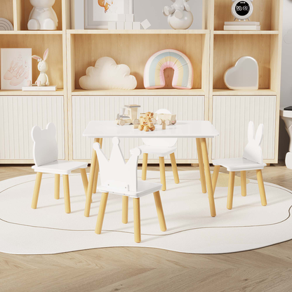 Big Kids Table and 4 Chairs Set, 5 Pieces Toddler Table and Chair Set, Wooden Activity Play Table Set (White)