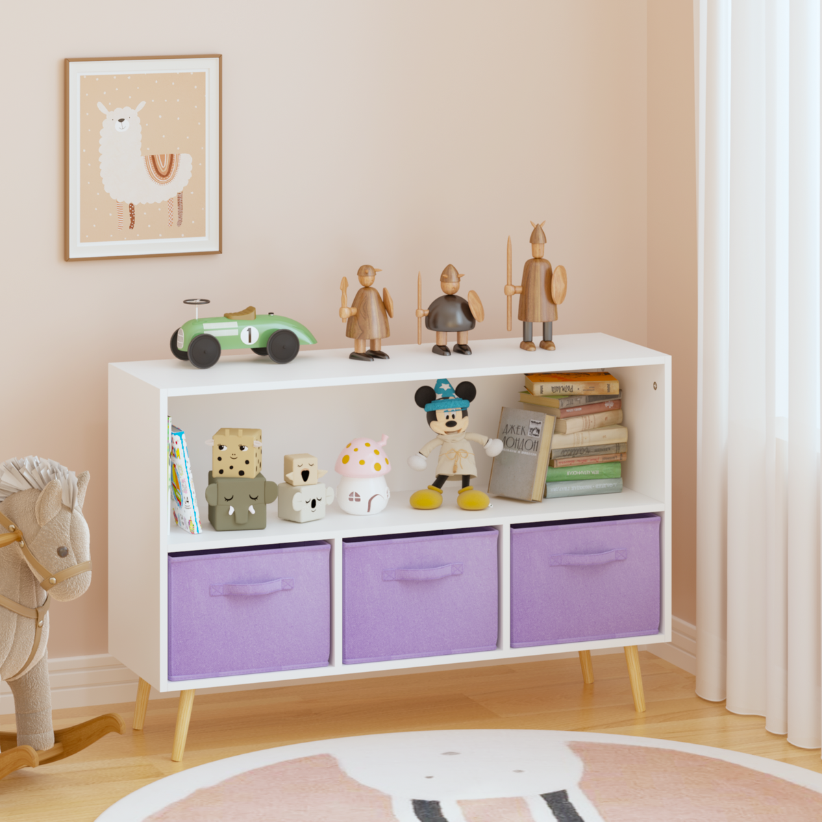 Kids bookcase with Collapsible Fabric Drawers, Children's Book Display, Toy Storage Cabinet Organizer, White/Purple