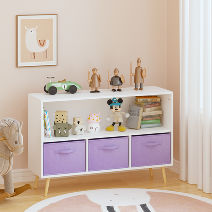 Kids bookcase with Collapsible Fabric Drawers, Children's Book Display, Toy Storage Cabinet Organizer, White/Purple