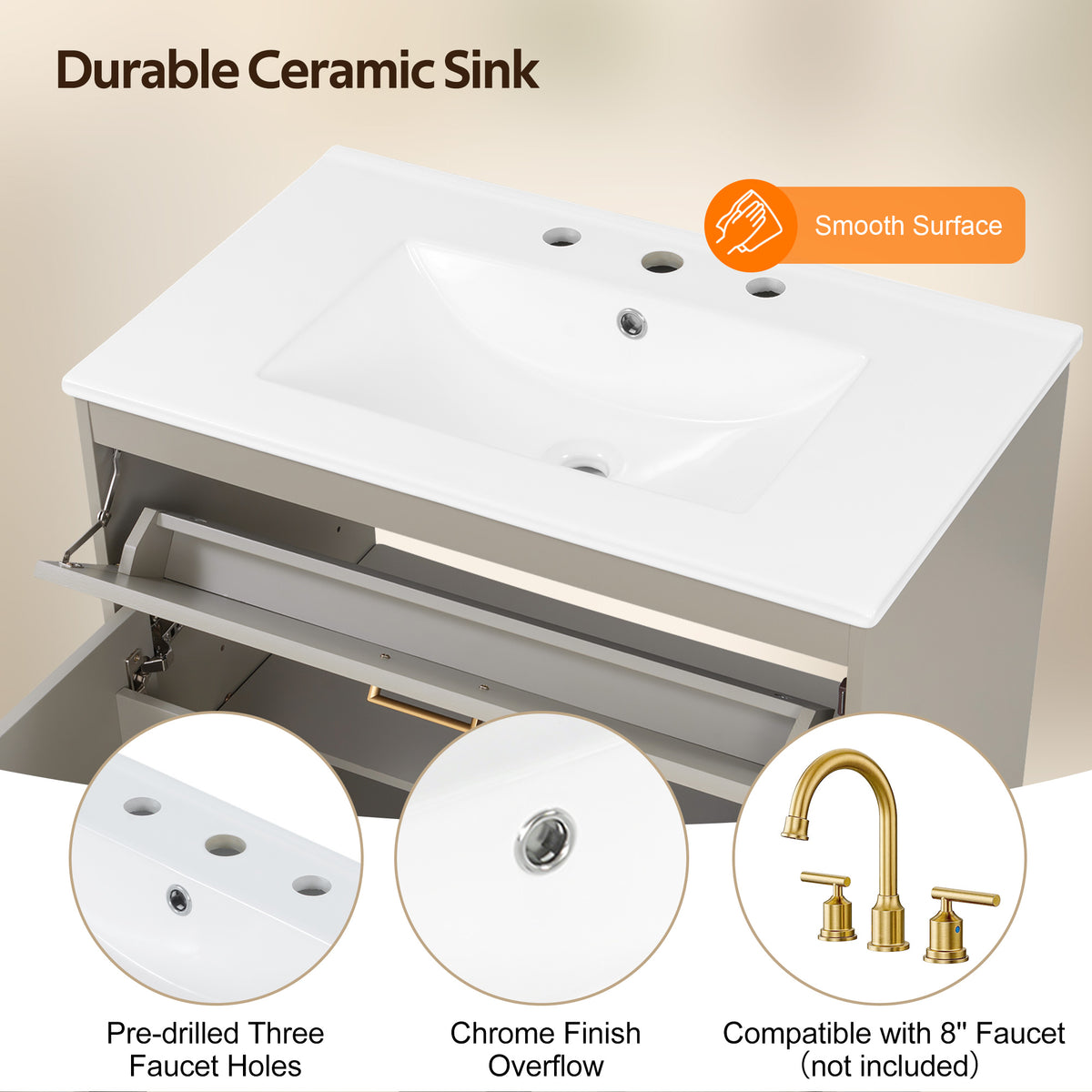 [Video] 30" Bathroom Vanity with Ceramic Sink Top, Solid Wood Legs, Soft-Close Double Doors & Tip-Out Drawer, Adjustable Interior Shelf, Door-mounted Organizers, Beige