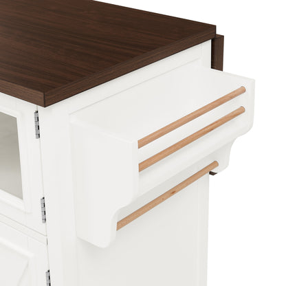 47.2" Kitchen Island with Drop Leaf, Power Outlet, Rolling Kitchen Storage Cart on 4 Wheels with 4 Door Shelves, Cross Barn Doors & Visual Glass Door for Kitchen,White