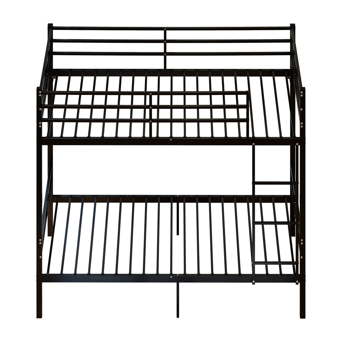 Metal bunk bed (single bed), suitable for children/teenagers/adults. 14.17-inch high guardrails. Single bunk with 19 crossbars and a weight capacity of over 400 lbs. Under-bed storage. Black.