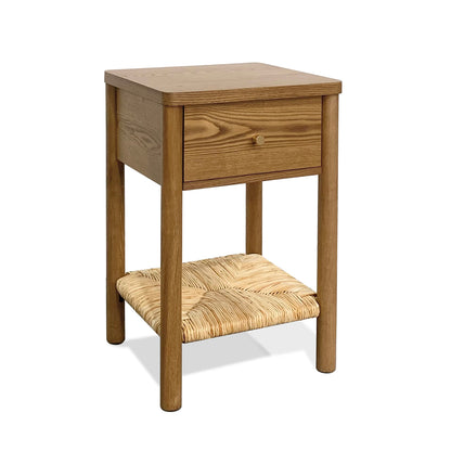 Walnut Ainsley Nightstand Side End Table with Rounded Edge Tabletop, Solid Wood Round Legs, Woven Jute Storage Shelf & Drawer, for Bedroom Living Room