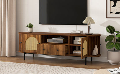 U-Can American Style TV Stand with Rattan Arched Doors, Drawers, Hidden Storage, Steel Legs, Rounded Corners