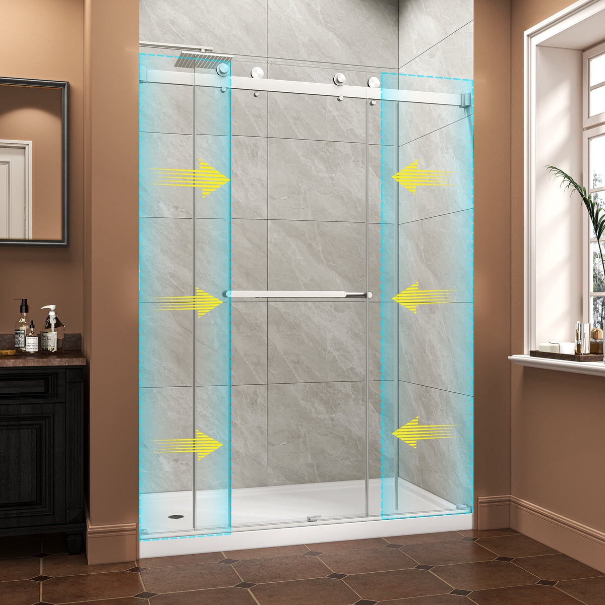 55"-60" W x 76" H Brushed Nickel Reversible Installation Double Bypass Sliding Shower Door Easy Installation Frameless Shower Door,5/16"(8MM) Tempered Glass With Nano Explosion-proof Film