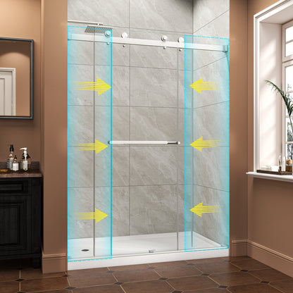 55"-60" W x 76" H Brushed Nickel Reversible Installation Double Bypass Sliding Shower Door Easy Installation Frameless Shower Door,5/16"(8MM) Tempered Glass With Nano Explosion-proof Film