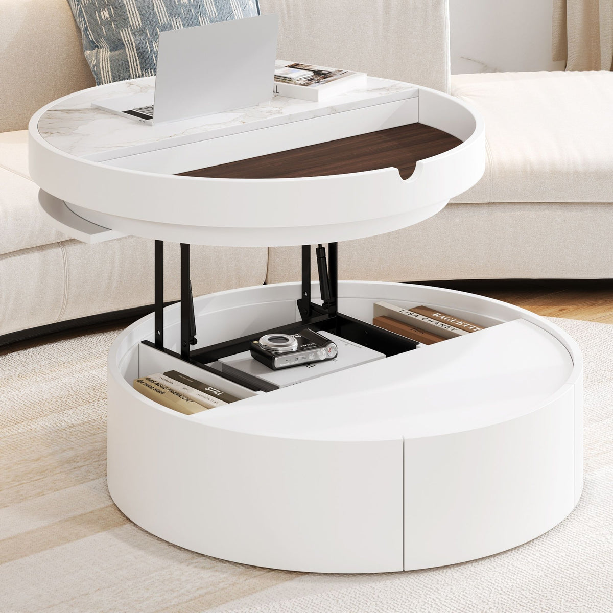 White Round Lift Coffee Table with 1 Drawer in 29.5', Marble Veneer and Wood Grain Tabletop