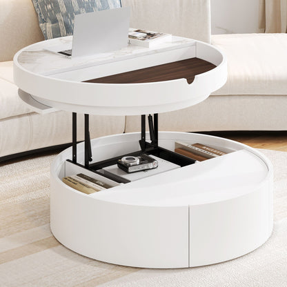 White Round Lift Coffee Table with 1 Drawer in 29.5', Marble Veneer and Wood Grain Tabletop
