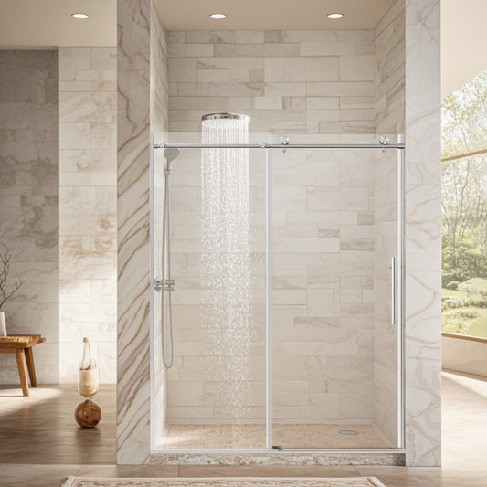 56-60' W * 76' H Stainless Steel Round Tube Frameless Single Sliding Shower Door, 1/4'-thick (6mm) SGCC Clear Tempered Glass Door, Reversible Installation, Brushed Nickel