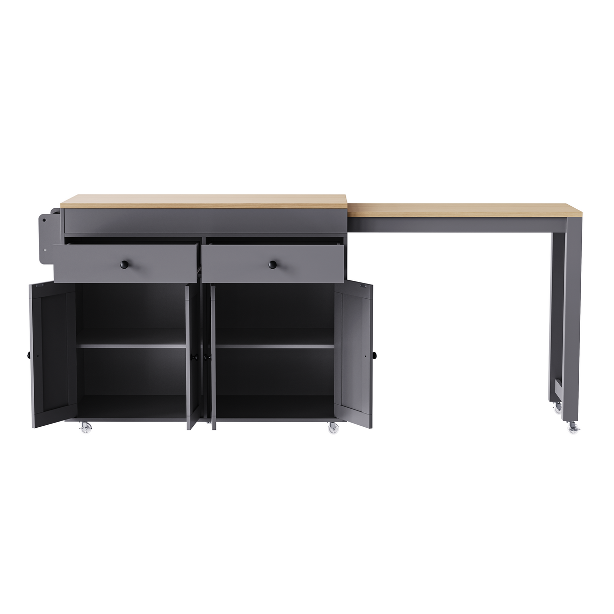 K&K 74.5 inch Kitchen Island with Extendable Dining Table, Rolling Kitchen Island on Wheels with Spice Rack and 2 Drawers, 4 Door Cabinet