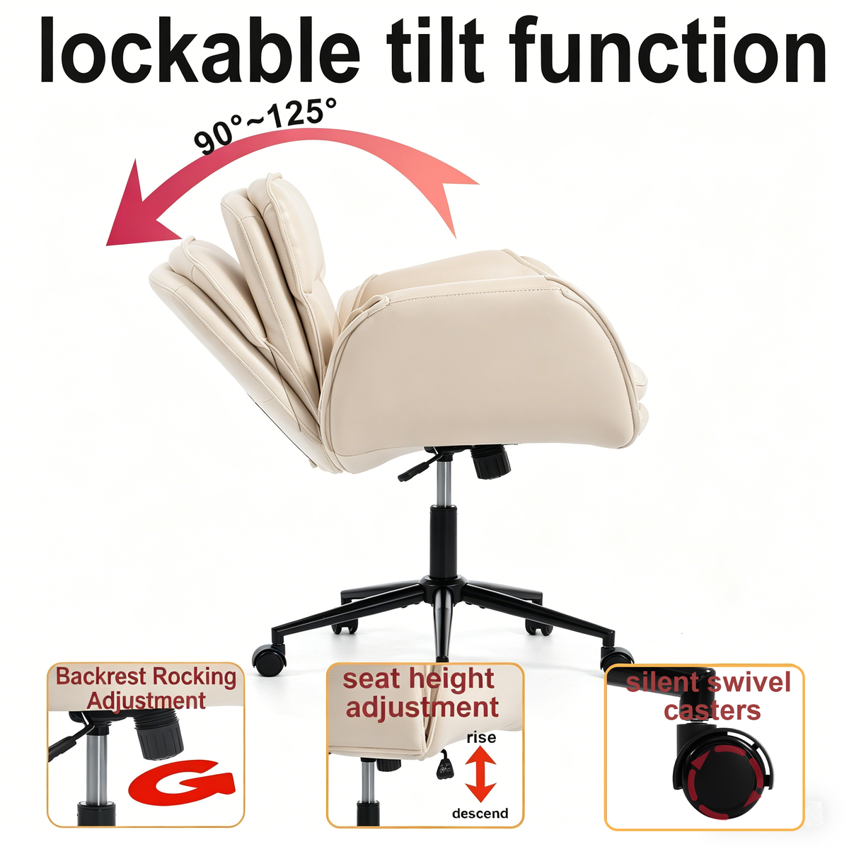 Criss Cross Chair with 5-Gear Adjustable Armrests & Wheels, Ergonomic Thickened Backrest Swivel Desk Chair for Home Office, Vanity, Bedroom and Living Room, Beige Pu