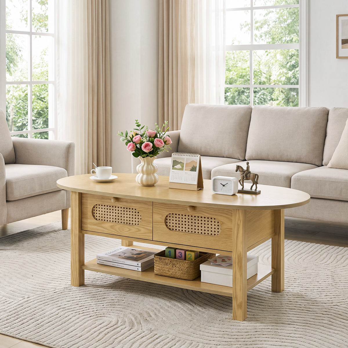 Rattan Coffee Table, Oval Coffee Table with Storage, 2-Tie Boho Style Oval Rattan Design With Two Storage Drawers for Living Rooms, Bedrooms, Apartments, Home Offices, Couples, and Families