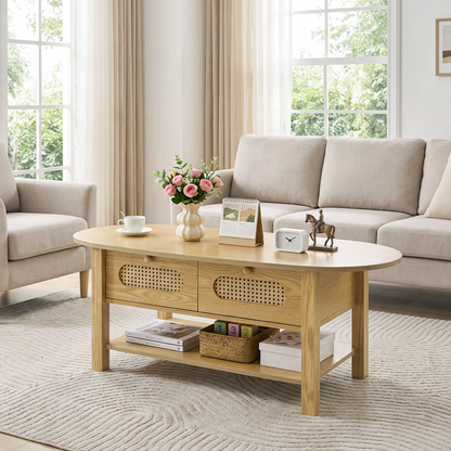 Rattan Coffee Table, Oval Coffee Table with Storage, 2-Tie Boho Style Oval Rattan Design With Two Storage Drawers for Living Rooms, Bedrooms, Apartments, Home Offices, Couples, and Families