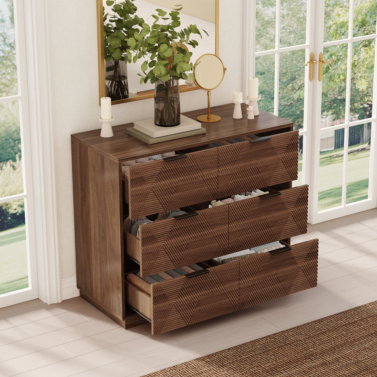Modern Walnut Dresser with 6 Drawers, Mid Century 3D Geometric Wood Chest of Drawers, Large Storage Cabinet for Bedroom, Living Room & Entryway