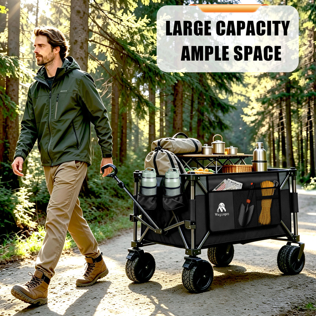 Multi-Functional Push-Pull Folding Wagon Cart with Rotating Handle & 360° All-Terrain Wheels – Heavy-Duty, Adjustable Design, Large Capacity for Transport, Groceries, and Outdoor Use,Black