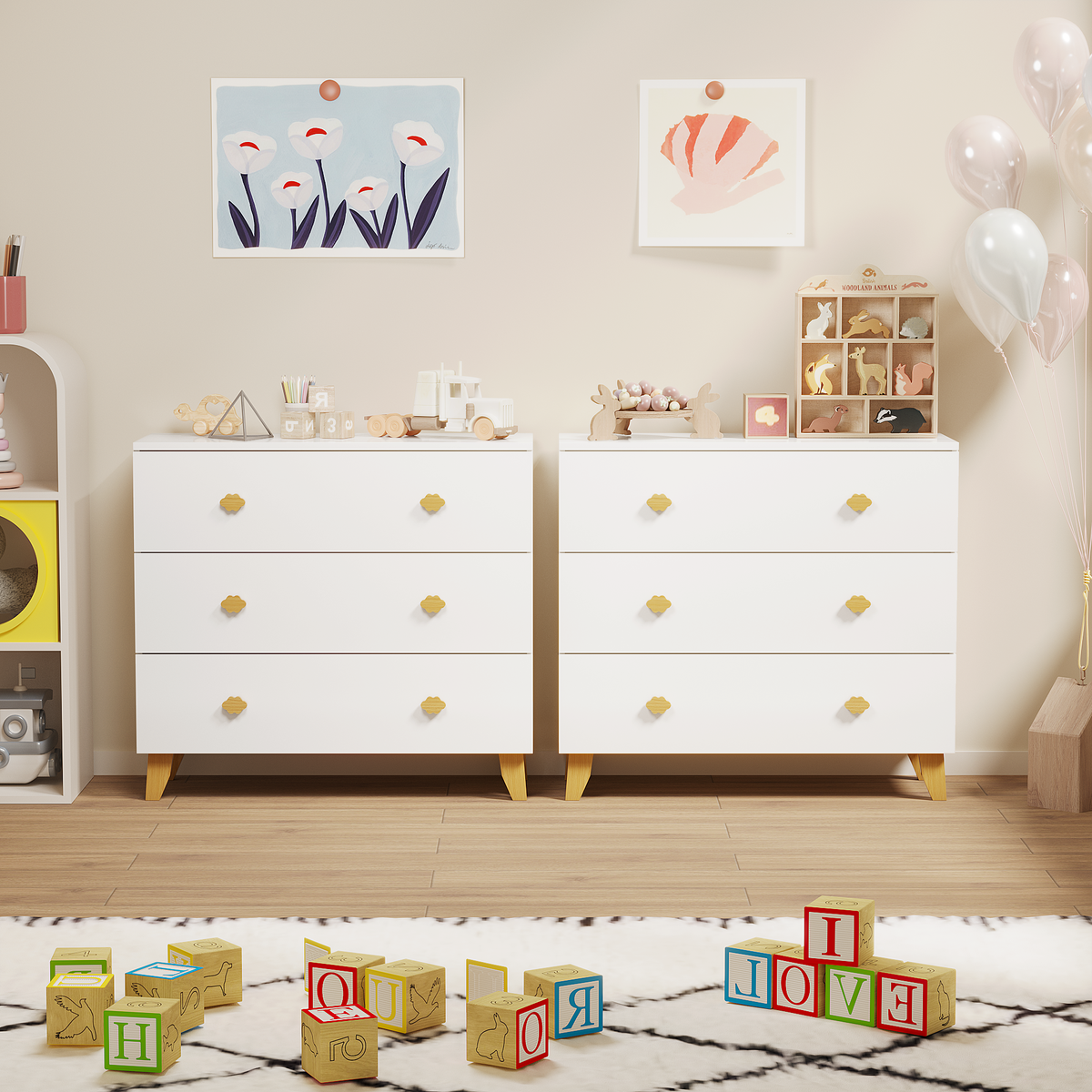 Kids Dresser with 3 Drawers, Wooden Cloud Handles & Pine Legs, MDF Chest of Drawers for Kids Room, Nursery Storage Cabinet, White