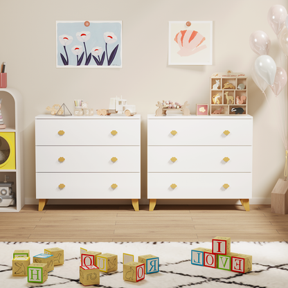 Kids Dresser with 3 Drawers, Wooden Cloud Handles & Pine Legs, MDF Chest of Drawers for Kids Room, Nursery Storage Cabinet, White