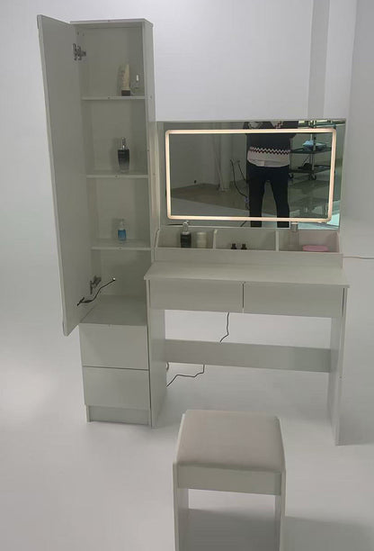 Extra Large LED Mirror Vanity Table + LED Dressing Mirror Cabinet + Cushioned Stool, Double Large LED Mirror, Touch Control, 3-color Switch