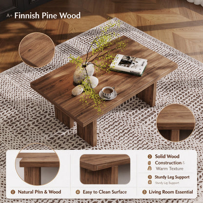 39.37" Solid Wood Coffee Table, 100% Real Wood Rectangular Center Table, 39.37" × 23.62" × 15.75", Modern Wooden Cocktail Table for Living Room, Apartment and Office